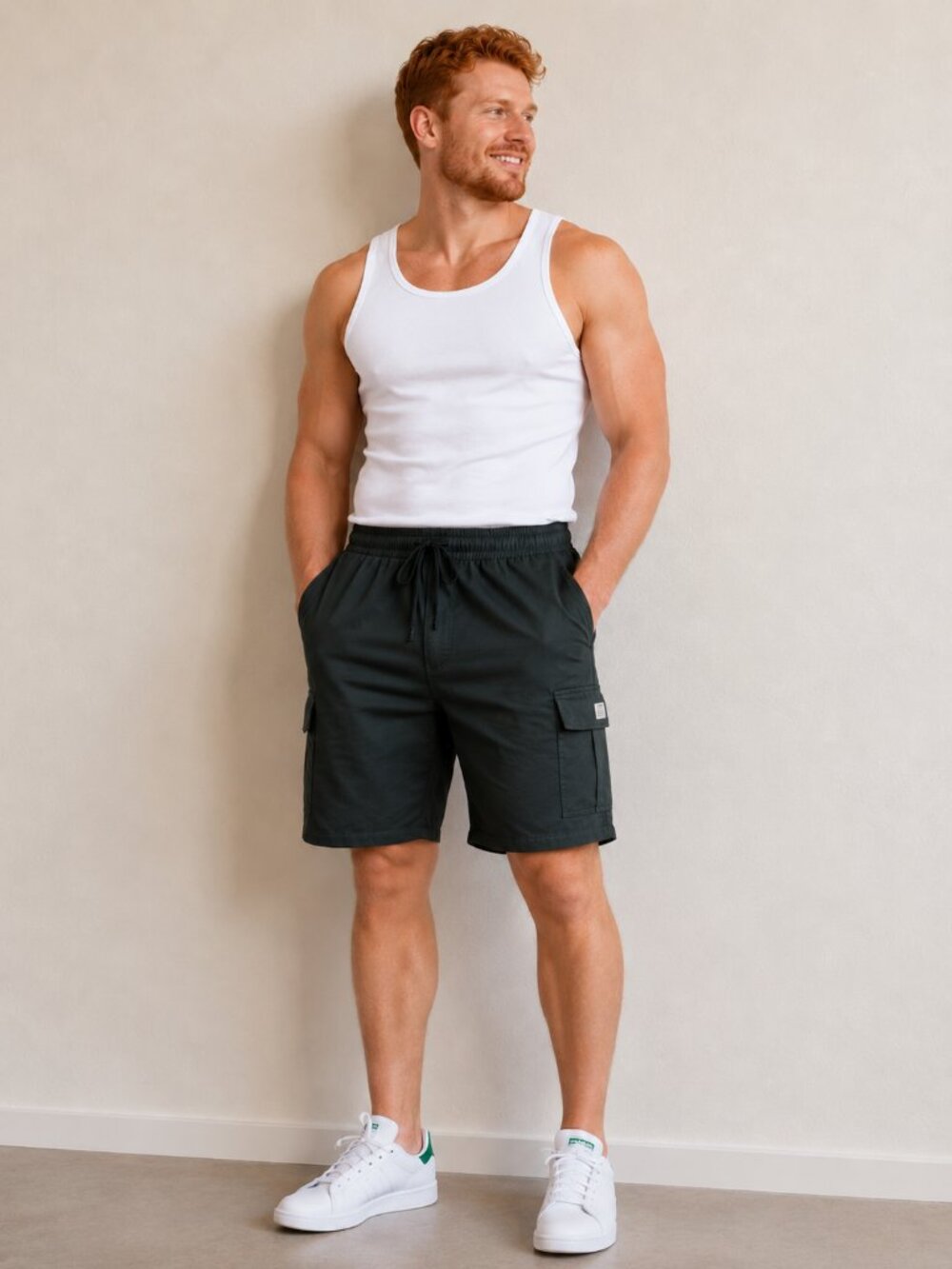 Men's Dark Green Cargo Shorts - Elastic Waist, Drawstring